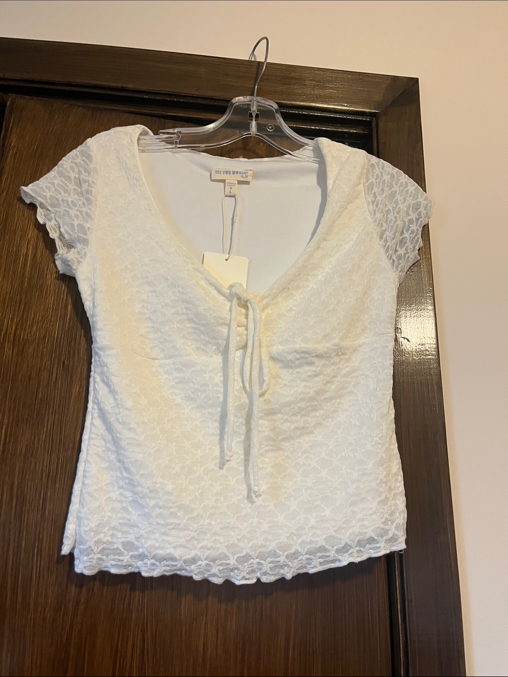 See You Monday Ivory Lace Tie-Front Crop Top with Short Sleeves